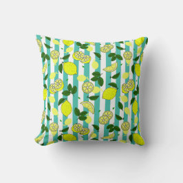 Hübsche Gelbe Zitronen auf Aquamarinem Blaustreife Kissen