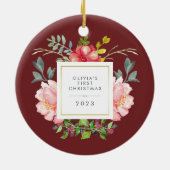 Hübsche Girly Blume Baby's First Christmas Keramik Ornament (Hinten)