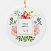 Hübsche Girly Blume Baby's First Christmas Keramik Ornament (Hinten)