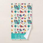 Hübsche Girly Cats Folk Art Add NAME Badhandtuch Set (Handtuch)