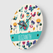 Hübsche Girly Cats Folk Art Add NAME Große Wanduhr (Winkel)