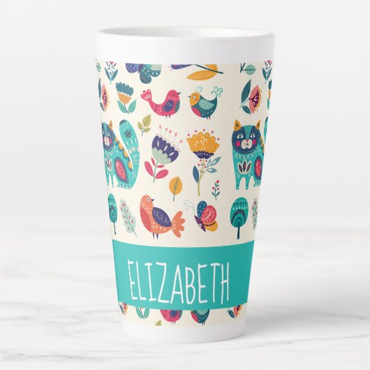 Hübsche Girly Cats Folk Art Add NAME Milchtasse (Vorderseite)