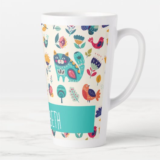 Hübsche Girly Cats Folk Art Add NAME Milchtasse (Rechts)