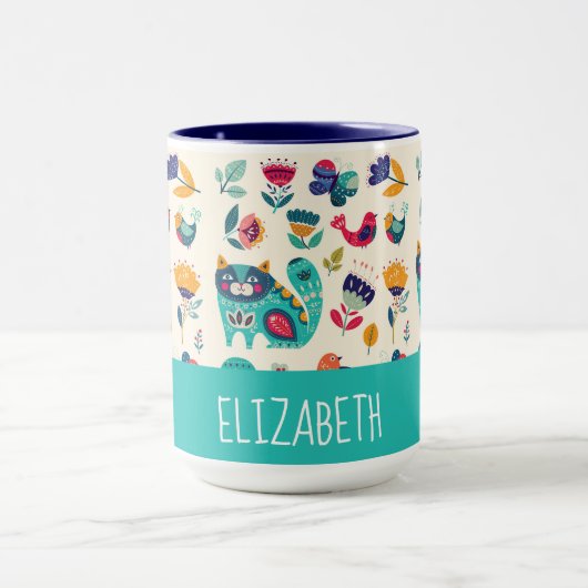 Hübsche Girly Cats Folk Art Add NAME Tasse (Zentrum)