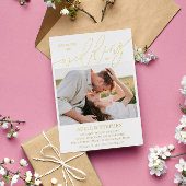 Hübsche Gold Script Fotos Doppelseitige Hochzeit Folieneinladung