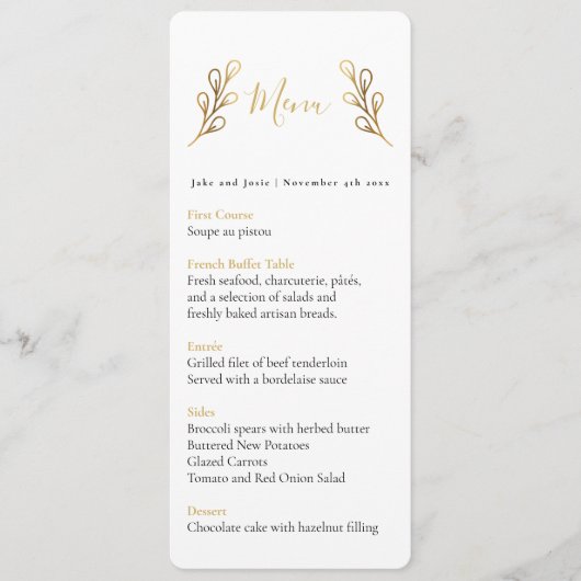 Hübsche Goldeffektblätter Hochzeitsmenü Menükarte (Vorderseite)