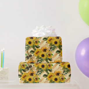 Hübsche Goldgelbe Sonnenblume Bouquet Stripe Biene Geschenkpapier