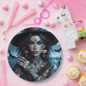 Hübsche Gotische Hexe mit Tattoos-Halloween-Party Pappteller (Party)