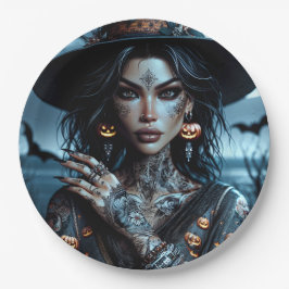 Hübsche Gotische Hexe mit Tattoos-Halloween-Party Pappteller