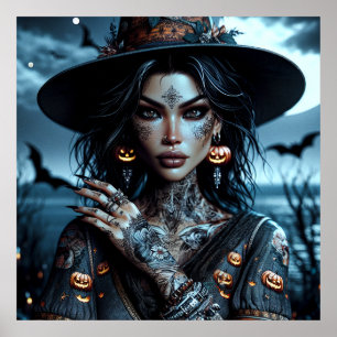 Hübsche gotische Hexe mit Tattoos Halloween Poster