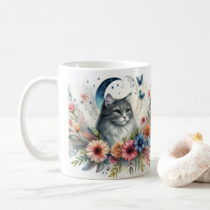 Hübsche graue Katzenporträt-Tasse mit Blumen Kaffeetasse