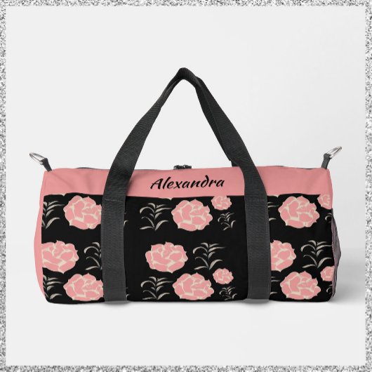 Hübsche große rosa Rosen mit Folionen auf schwarz Duffle Bag
