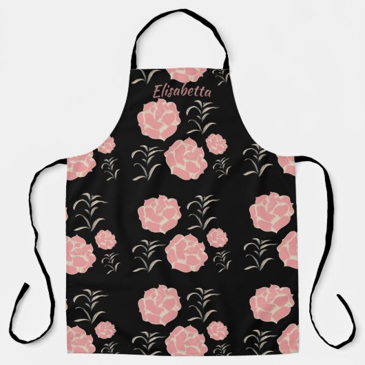 Hübsche große rosa Rosen mit Folionen auf schwarz Schürze (Vorderseite)
