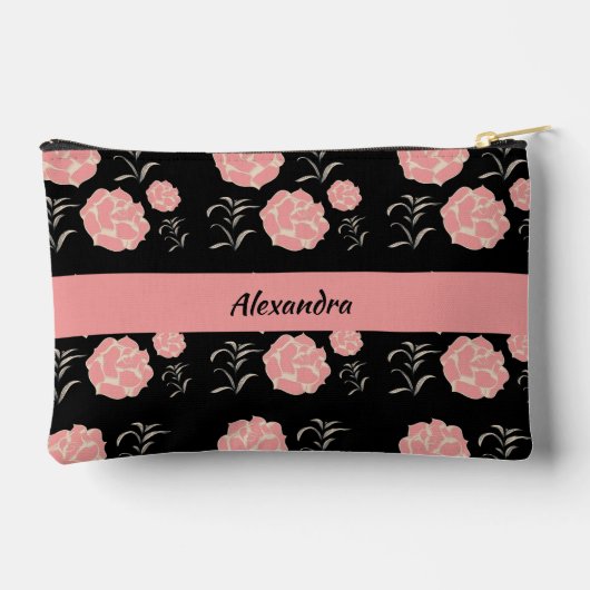 Hübsche große rosa Rosen mit Folionen auf schwarz Zubehörtasche (Rückseite)