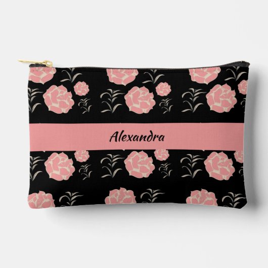 Hübsche große rosa Rosen mit Folionen auf schwarz Zubehörtasche (Vorderseite)