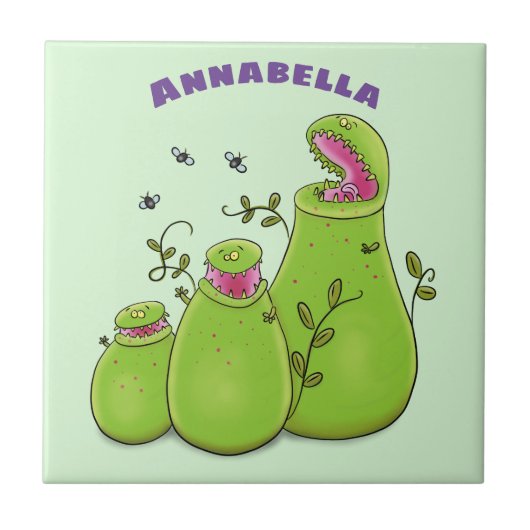 Hübsche grüne Fleischfresser-Pflanze Cartoon Fliese (Vorderseite)