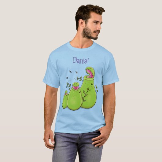 Hübsche grüne Fleischfresser-Pflanze Cartoon T-Shirt (Vorne ganz)