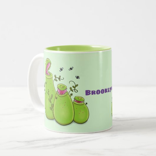 Hübsche grüne Fleischfresser-Pflanze Cartoon Zweifarbige Tasse (Vorderseite Links)