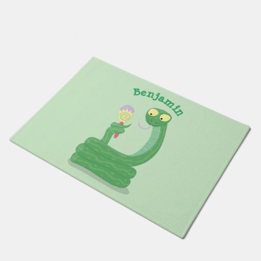 Hübsche grüne Schlange mit Maraca-Cartoon Fußmatte (Schrägansicht)