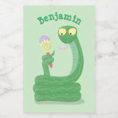 Hübsche grüne Schlange mit Maraca-Cartoon Lebensmitteletikett (Einzelnes Label)