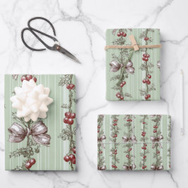 Hübsche grüne Toile-Weihnachtsbeeren und -schleife Geschenkpapier Set