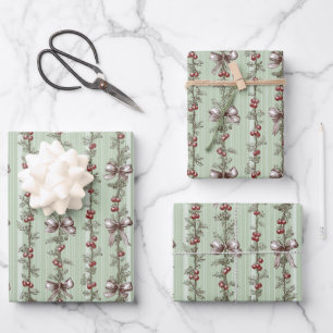 Hübsche grüne Toile-Weihnachtsbeeren und -Schleife Geschenkpapier Set
