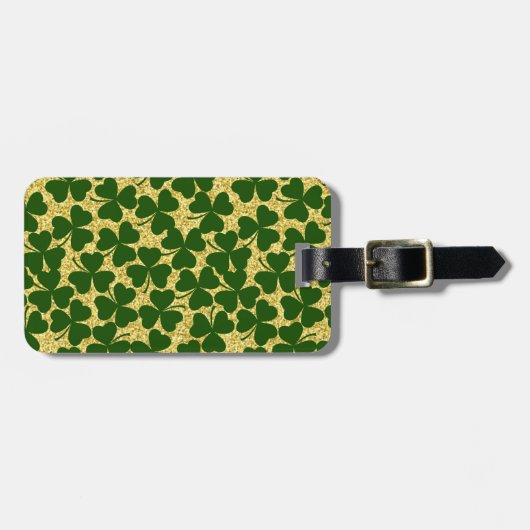 HÜBSCHE GRÜNE UND GOLD IRISH CELTIC-KLEEBLATT GEPÄCKANHÄNGER (Vorderseite horizontal)