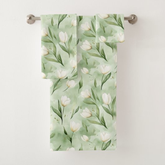 Hübsche Grüne Weiße Tulpen Badhandtuch Set (Insitu)