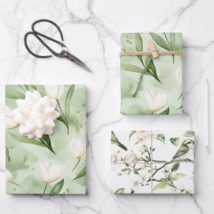 Hübsche grüne weiße Tulpen Brautparty Geschenkpapier Set