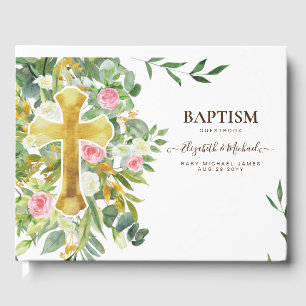 Hübsche Grünpflanzen Gold Cross Taufen Christening Gästebuch