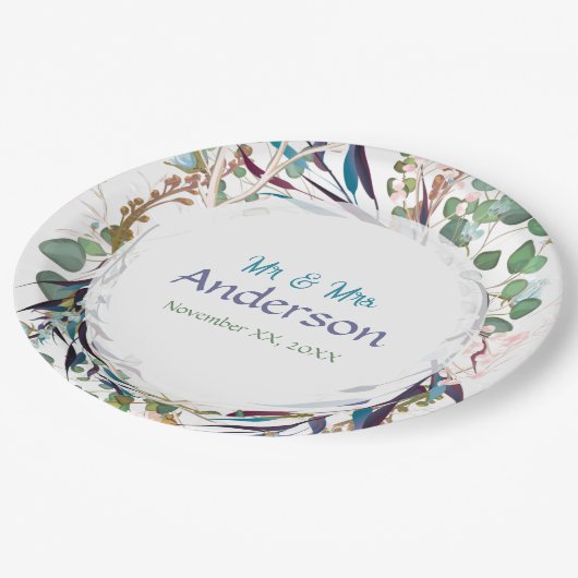 Hübsche Grünpflanzen Lila Aquamarin Gold Pappteller (Schrägansicht)