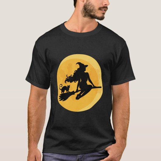 Hübsche Halloween Hexe und Katze T-Shirt (Vorderseite)