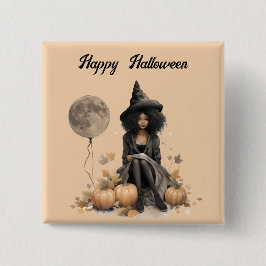 Hübsche Halloween-Hexe und Vollmond-Ballon Button