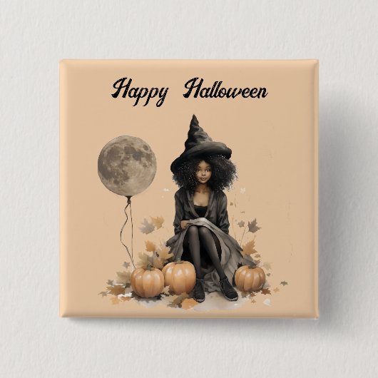 Hübsche Halloween-Hexe und Vollmond-Ballon Button (Vorderseite)