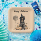 Hübsche Halloween-Hexe und Vollmond-Ballon Pappteller (Party)