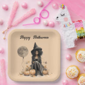 Hübsche Halloween-Hexe und Vollmond-Ballon Pappteller (Party)