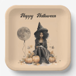 Hübsche Halloween-Hexe und Vollmond-Ballon Pappteller