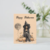Hübsche Halloween-Hexe und Vollmond-Ballon Postkarte (Stehend Vorderseite)