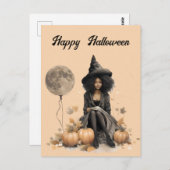 Hübsche Halloween-Hexe und Vollmond-Ballon Postkarte (Vorne/Hinten)