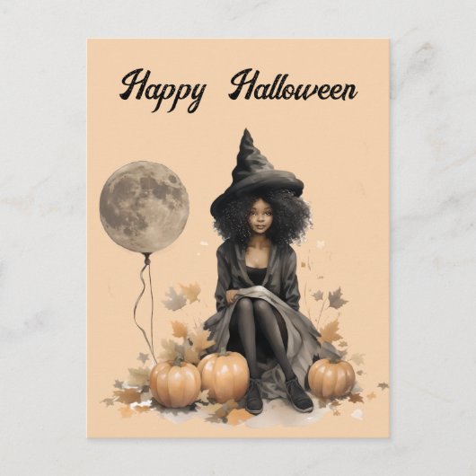 Hübsche Halloween-Hexe und Vollmond-Ballon Postkarte (Vorderseite)