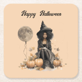Hübsche Halloween-Hexe und Vollmond-Ballon Rechteckiger Pappuntersetzer
