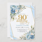 Hübsche hellblaue goldene Blumen zum 90. Geburtsta Einladung (Vorderseite)