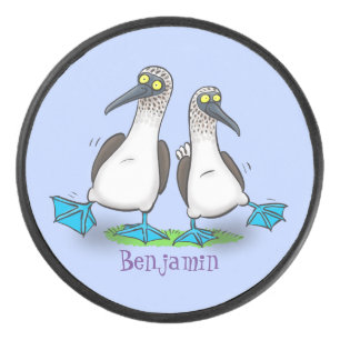 Hübsche, hellblaufüßige Boobies tanzen Cartoon Eishockey Puck