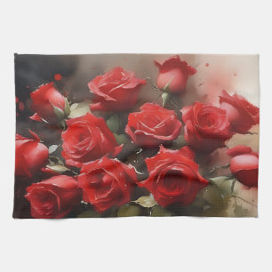 Hübsche helle rote Rosen Aquarellmalerei Geschirrtuch