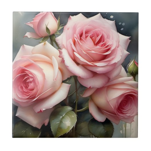 Hübsche hellrosa Rose Aquarellmalerei Fliese (Vorderseite)