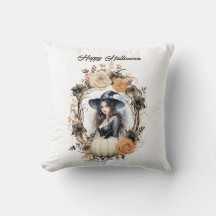 Hübsche Hexe im Halloween-Kranz