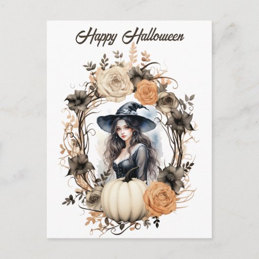 Hübsche Hexe im Halloween-Kranz Postkarte (Vorderseite)