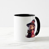 Hübsche Hexe mit schwarzem KatzenHalloween Tasse (VorderseiteRechts)