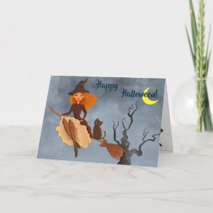 Hübsche Hexe und Katze auf Broom Halloween Card Karte