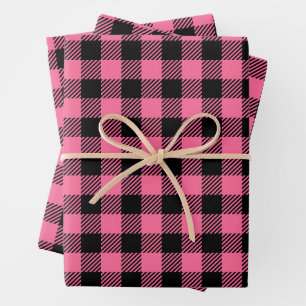 Hübsche Himbeere rosa und schwarzes Buffalo Karier Geschenkpapier Set